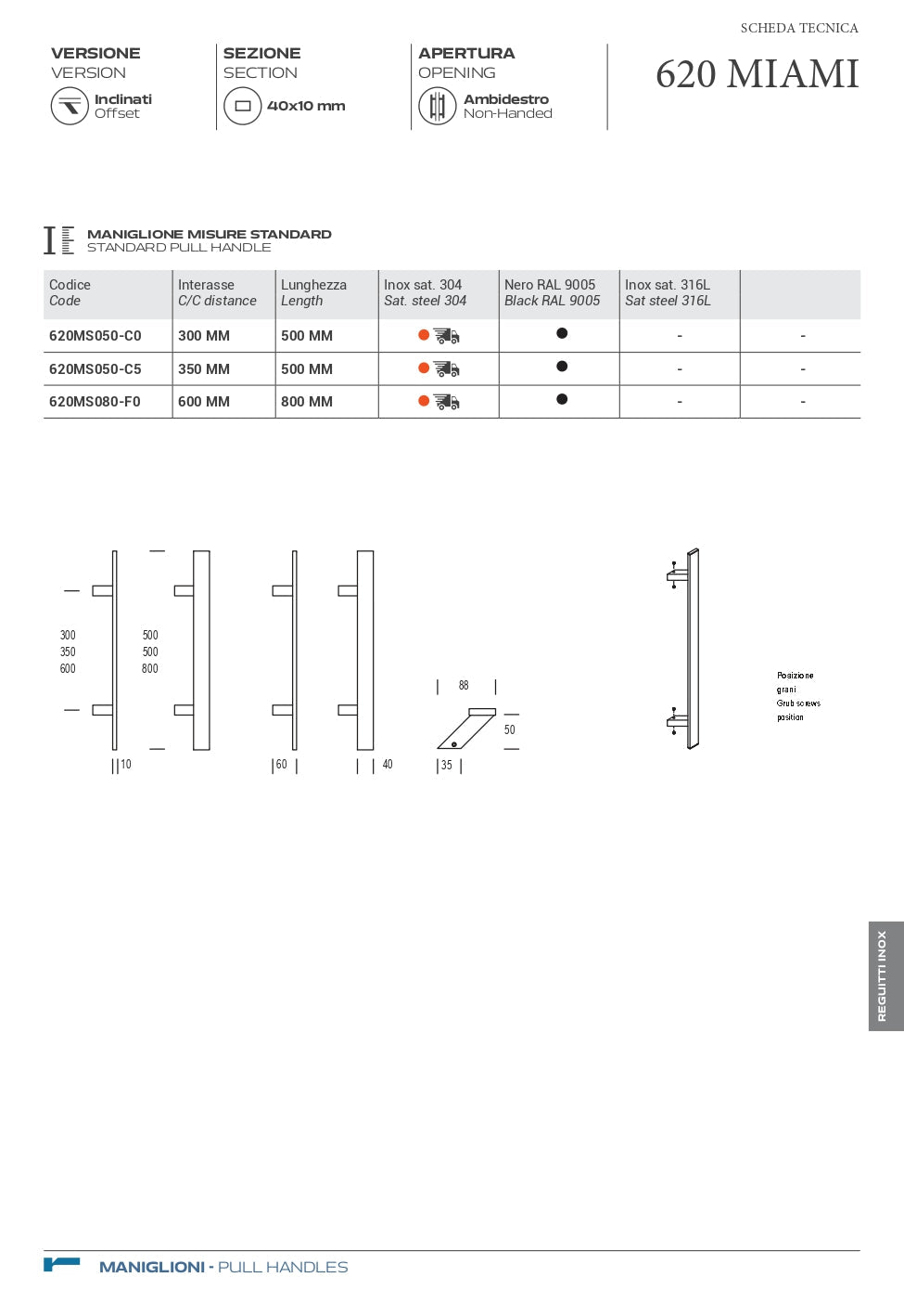 MANIGLIONE MIAMI SPOSTATO IN ACCAIO INOX CODICE  A620MS05OC05S