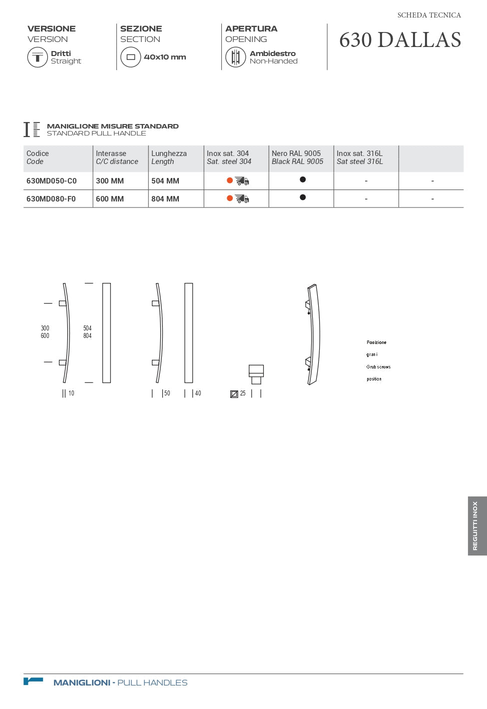 MANIGLIONE DALLAS IN ACCIAIO INOX SATINATO CODICE A630MD05OC05S